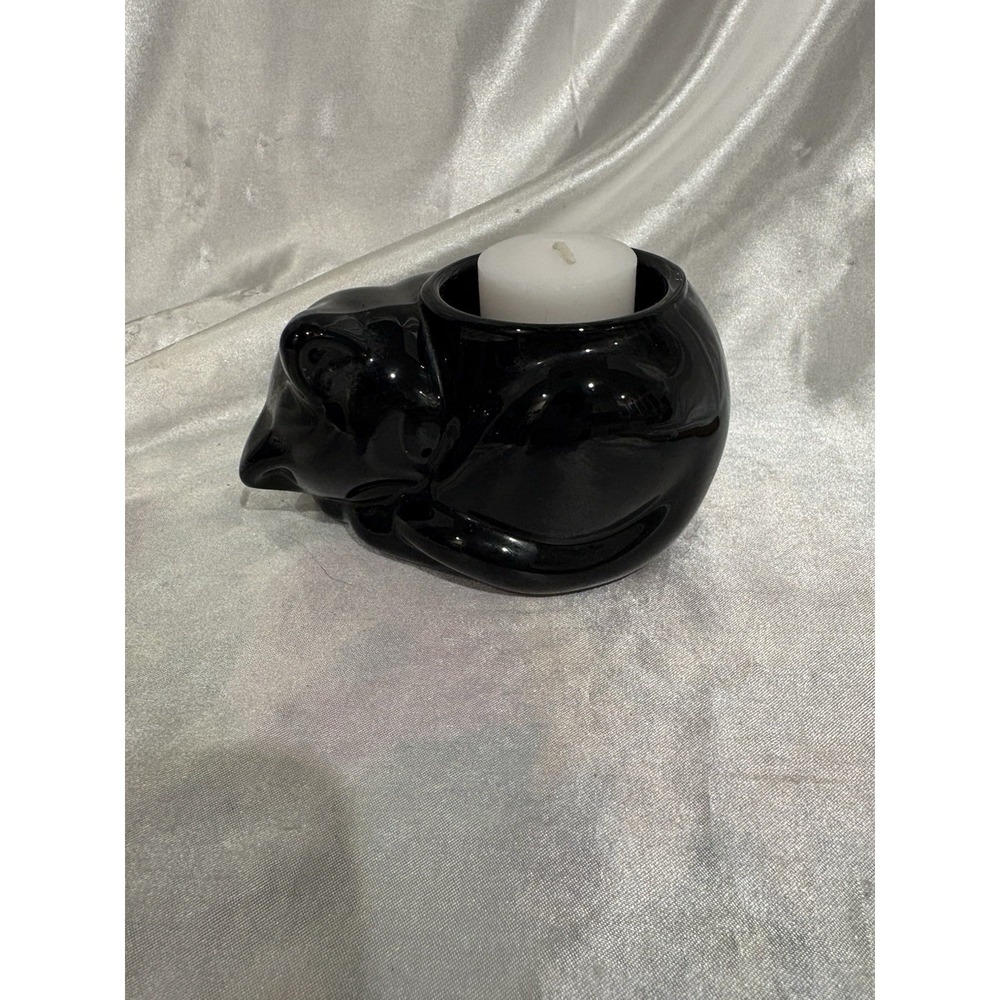 Indiana Glass Co glossy black ceramic sleeping cat candle holder